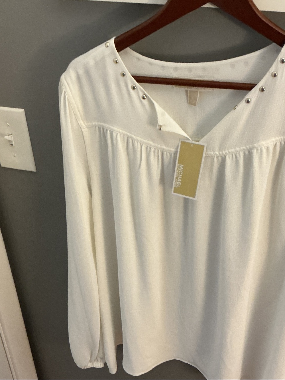 Michael Kors White Stud-Trim V-Neck Blouse